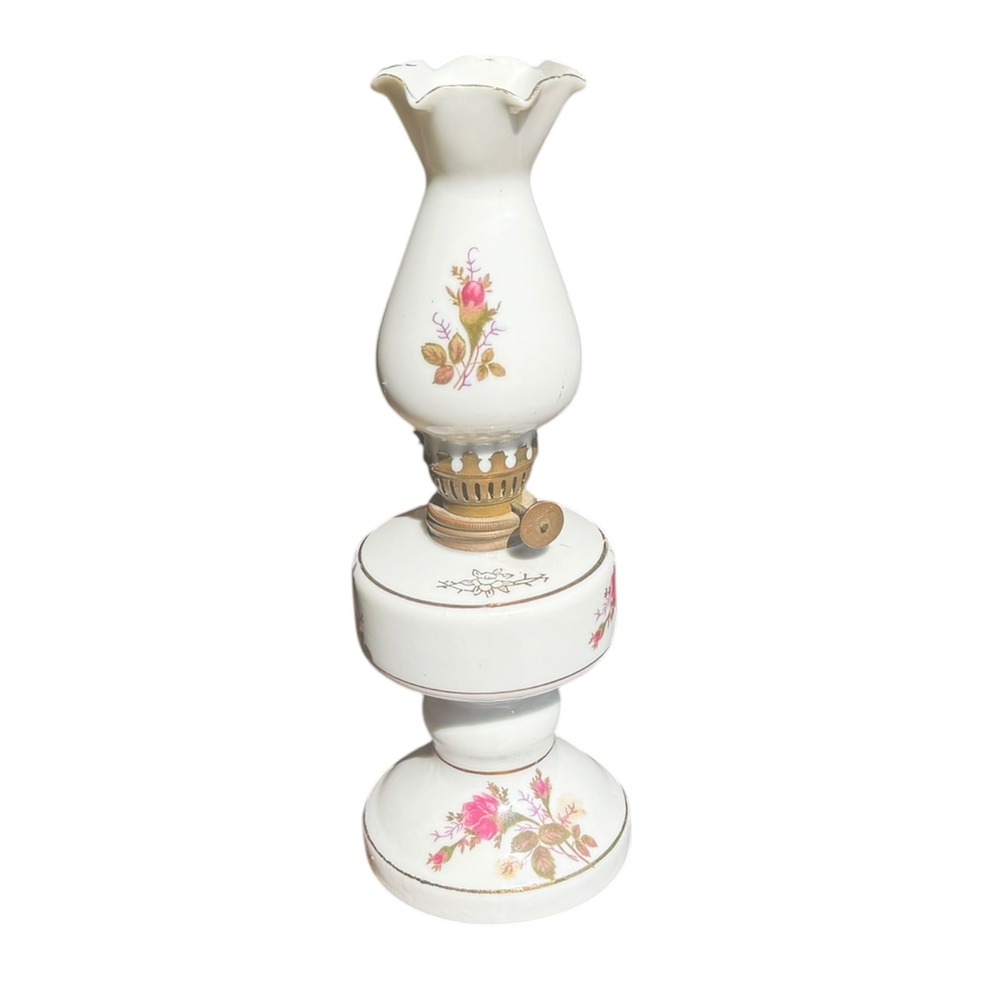 Vintage Japan Porcelain Floral Oil Lamp Pink Roses Gold Trim Hurricane Style 10" - Picture 4 of 15